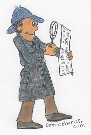 Detective with a magnifying glass inspecting a newspaper.